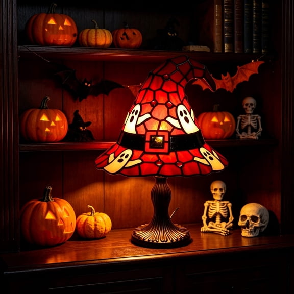 Witch Hat Stained Glass Lamp Halloween Gothic Ghost Table Nightlight