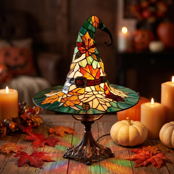 Witch Hat Table Lamp, Colorful Art Glass Style Decorative Light, Handcrafted Stained Glass Tabletop Display Lamp for Mantel Shelf, Bedroom, Living Room and Home Decor