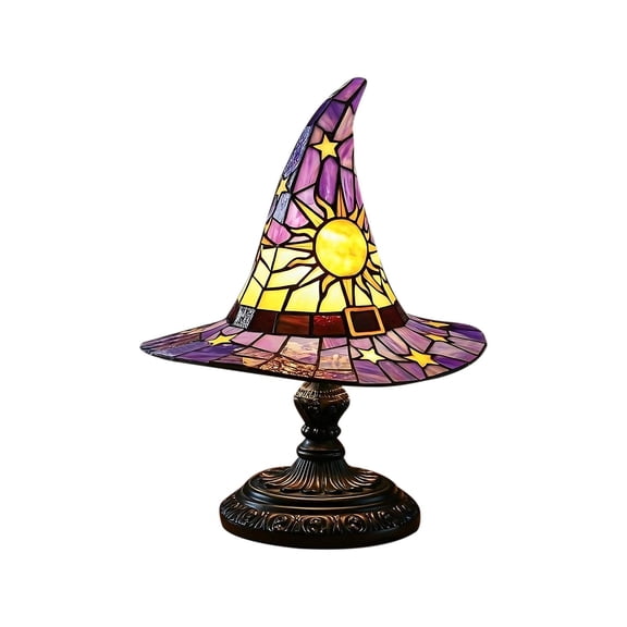Witch Hat Table Lamp, Handcrafted Stained Glass Effect Resin Gothic LED Night Light, Mystical Ambient Decor for Bedroom Tabletop, Halloween Party Atmosphere Ornament & Holiday Present Option,7 Inch