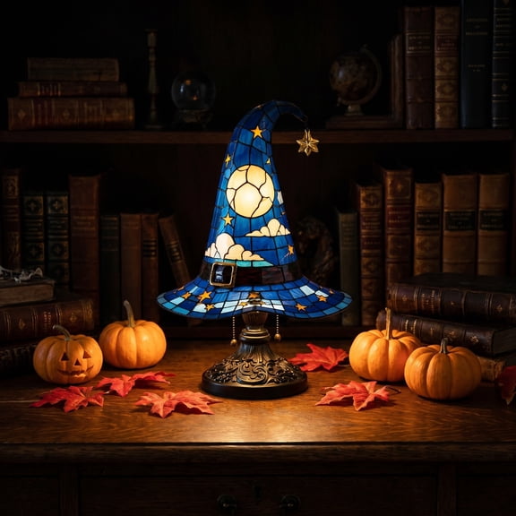 Witch Hat Table Lamp with Colorful Art Glass Shade – Decorative Night Light for Mantel, Shelf, or Home Halloween Display