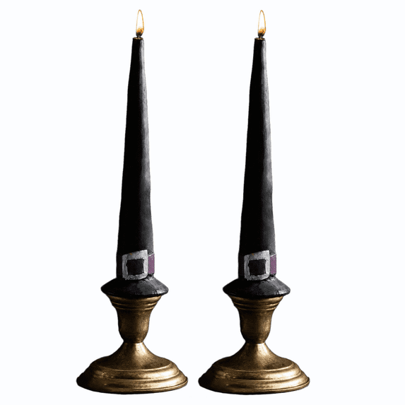 Witch Hat Taper Candles, 7.9" Halloween Witch Hat Candles Set of 2, Black Taper Flickering Candles, Halloween Decoration for Dinner Party Holiday Decor(2Pcs)