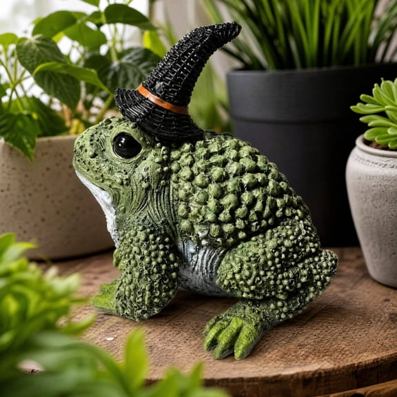 Witch Hat Toad Figurine, Resin Halloween Tabletop Decor, Sculpted Green Toad with Textured Skin and a Pointed Black Witch Hat, for Mantel Shelf Garden Nook and Autumn Party Decoration