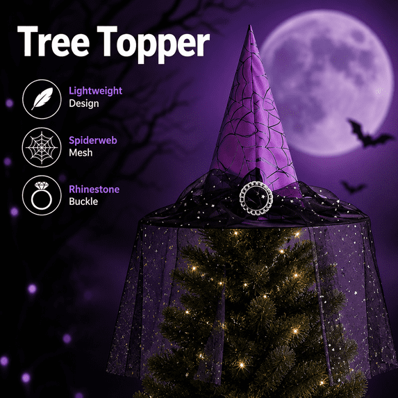Witch Hat Tree Topper 21in Halloween Black Wizard Hat with Spiderweb Lace Veil and Rhinestone Buckle Gothic Christmas Tree Crown Ornament