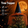 thumbnail image 1 of Witch Hat Tree Topper 21in Halloween Black Wizard Hat with Spiderweb Lace Veil and Rhinestone Buckle Gothic Christmas Tree Crown Ornament, 1 of 5