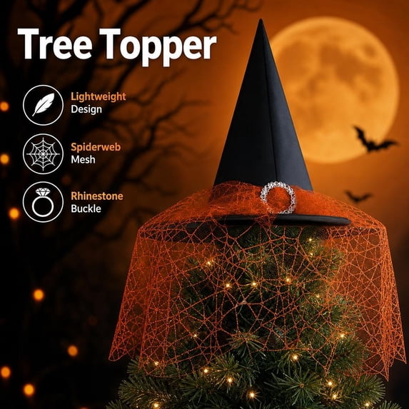 Witch Hat Tree Topper 21in Halloween Black Wizard Hat with Spiderweb Lace Veil and Rhinestone Buckle Gothic Christmas Tree Crown Ornament