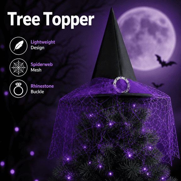 Witch Hat Tree Topper 21in Halloween Black Wizard Hat with Spiderweb Lace Veil and Rhinestone Buckle Gothic Christmas Tree Crown Ornament