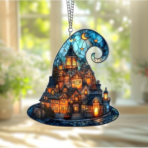 Witch Hat Village Wavy Acrylic Suncatcher, Halloween Town Faux Wavy Acrylic Window Hanging, Spooky Home Decor for Halloween
