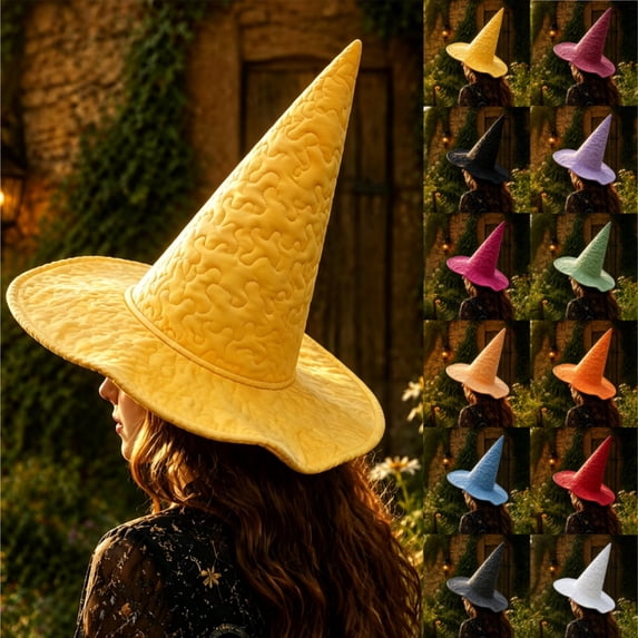 Witch Hat, Wizard Hat, Halloween Costumes for Adults,Vintage solid Costume Accessory, Wide Brim Spire Cap, One Size Fits All for Cosplay Costume Daily Party Masquerade Yellow