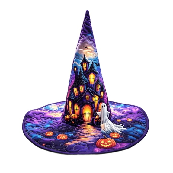 Witch Hat for Women, 3D Digital Print Halloween Costume Hat, Wide Brim Quilted Pointed Cone Hat, Great for Party Cosplay Dress Up and Festival Celebrations K