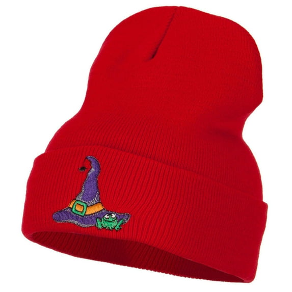 Witch Hat and Frog Embroidered Long Beanie - Red OSFM