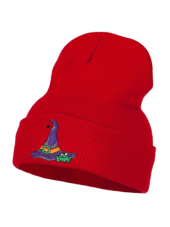 Witch Hat and Frog Embroidered Long Beanie - Red OSFM