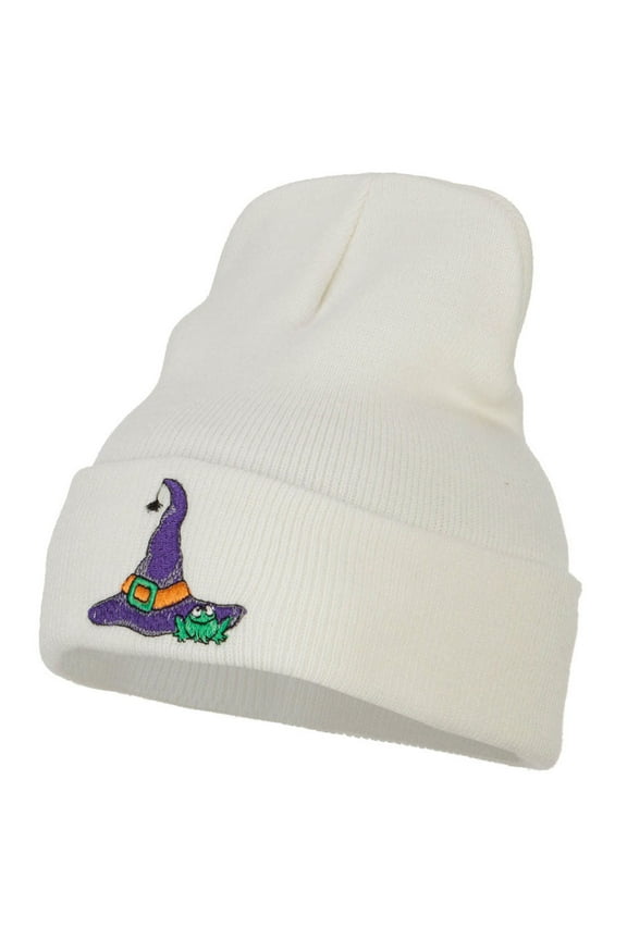 Witch Hat and Frog Embroidered Long Beanie - White OSFM
