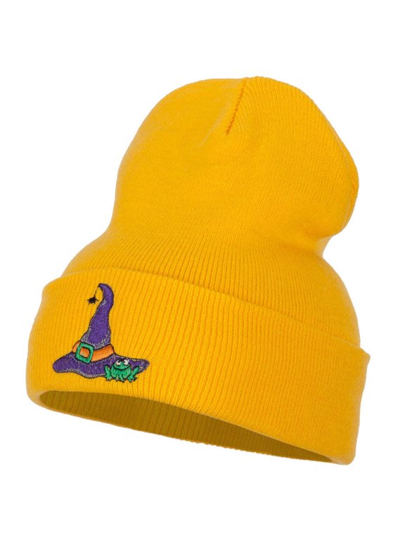 Witch Hat and Frog Embroidered Long Beanie - Yellow OSFM