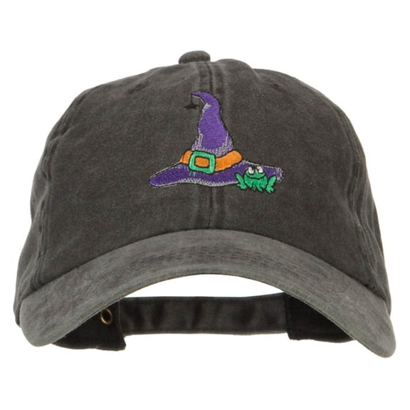 Witch Hat and Frog Embroidered Unstructured Cotton Cap - Black OSFM