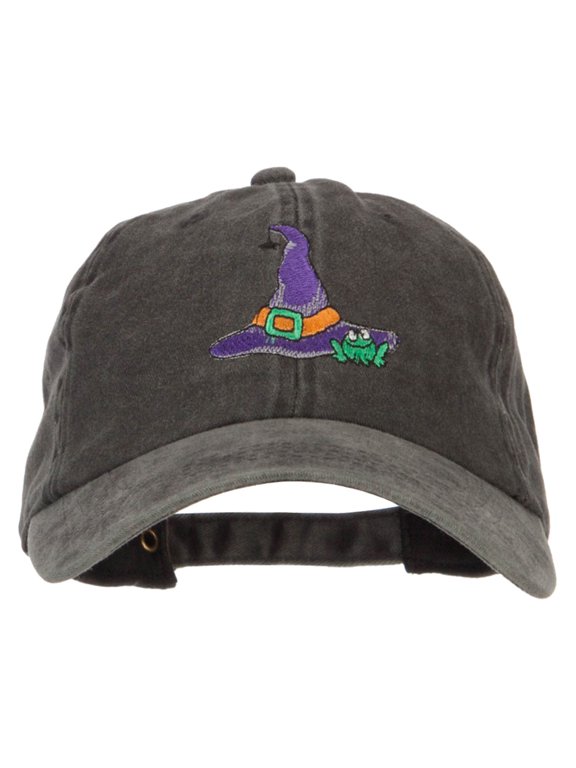 Witch Hat and Frog Embroidered Unstructured Cotton Cap - Black OSFM