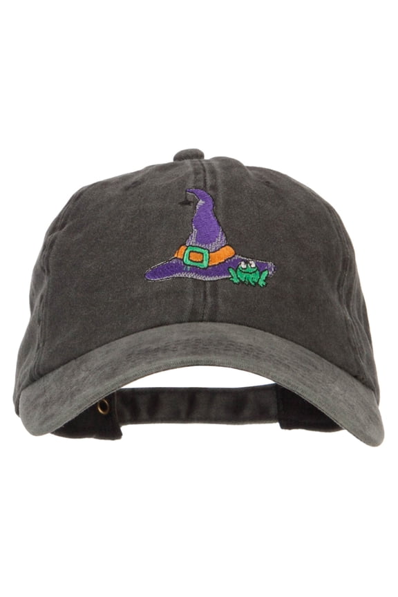 Witch Hat and Frog Embroidered Unstructured Cotton Cap - Black OSFM