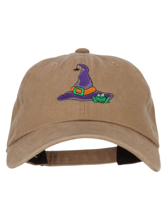 Witch Hat and Frog Embroidered Unstructured Cotton Cap - Dk Beige OSFM