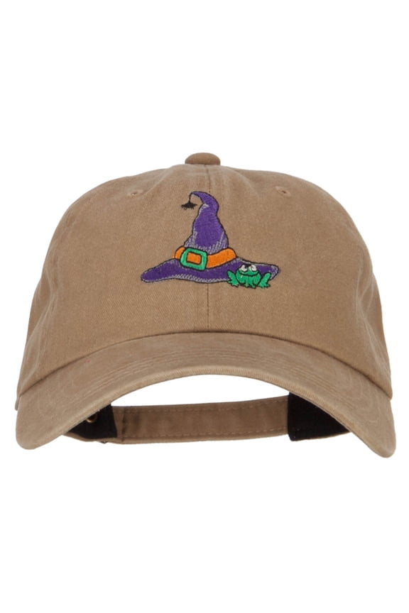 Witch Hat and Frog Embroidered Unstructured Cotton Cap - Dk Beige OSFM
