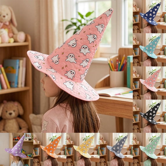 Witch Hat for Kids Halloween Ghost Printed Pointed Wizard Hat Quilted Stars Boys Girls