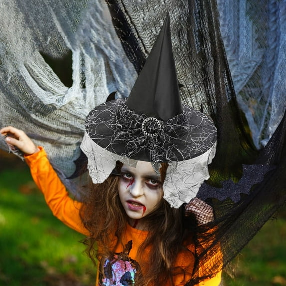 Witch Hat with Lace Face Cover 13 Inch Halloween Costume Accessory Adult Kids Party Decor Cosplay Witch Hat Orange Black White Green