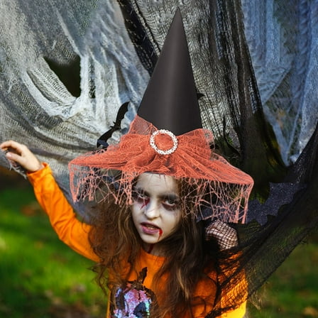 Witch Hat with Lace Face Cover 13 Inch Halloween Costume Accessory Adult Kids Party Decor Cosplay Witch Hat Orange Black White Green