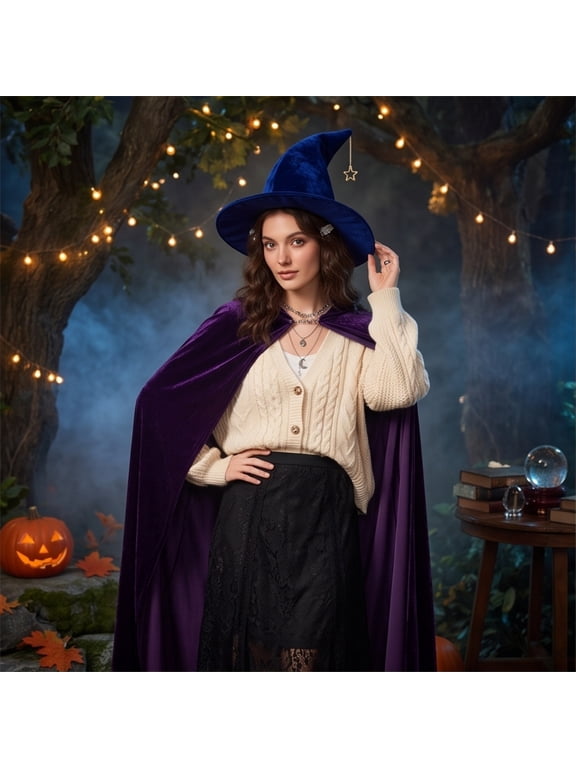 Witch Hat with Star Chain Pendant, Wide Brim Pointed Wizard Hat, Halloween Party Accessory for Women