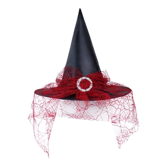 Witch Hats for Women, Adult Witch Vampire Halloween Costumes Accessories Foldable Lace Veils Hats for Cosplay Party Red