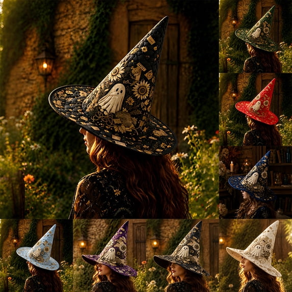 Witch Hats for Women Halloween Vintage Wide Brim Wizard Hat Ghost Floral Cap