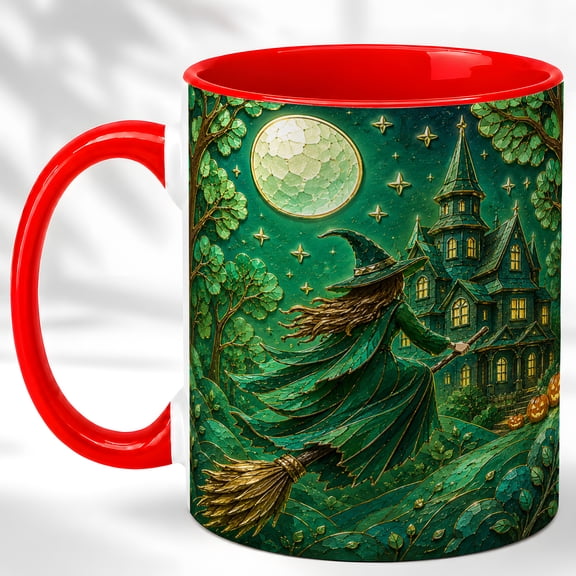 Witch House Coffee Mug, Green Halloween Mug, Ceramic 11 oz