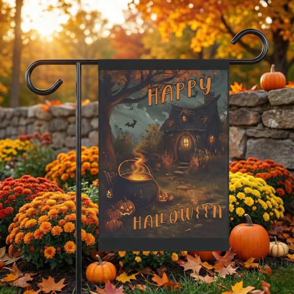 Witch House Garden Flag Cauldron and JackoLanterns Spooky Fall Decor Halloween Outdoor Dec