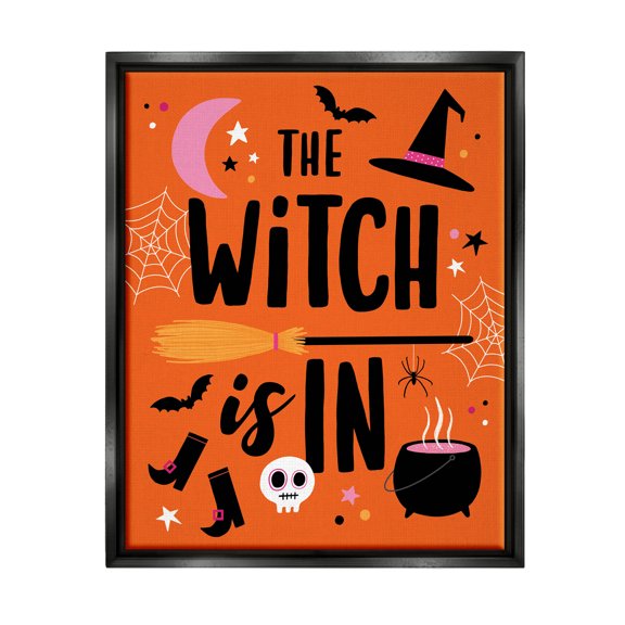 Witch Is In Bold Cauldron Phrase Holiday Graphic Art Jet Black Framed Art Print Wall Art