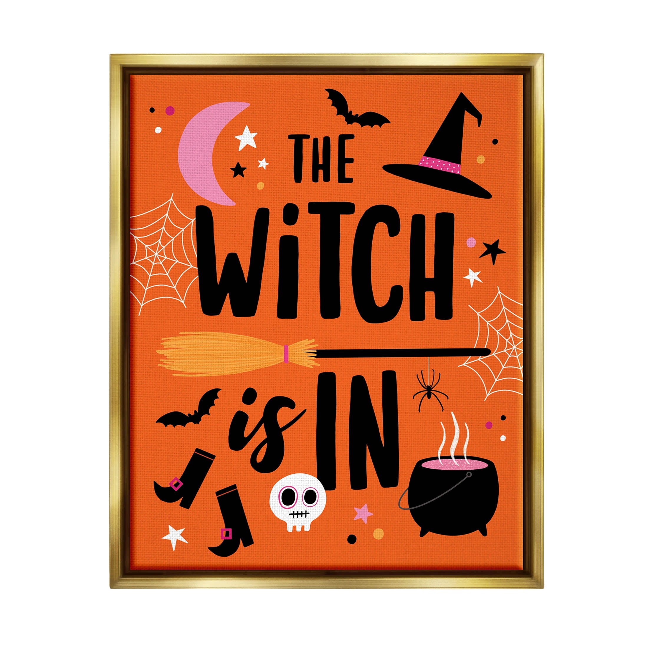 Witch Is In Bold Cauldron Phrase Holiday Graphic Art Metallic Gold Framed Art Print Wall Art