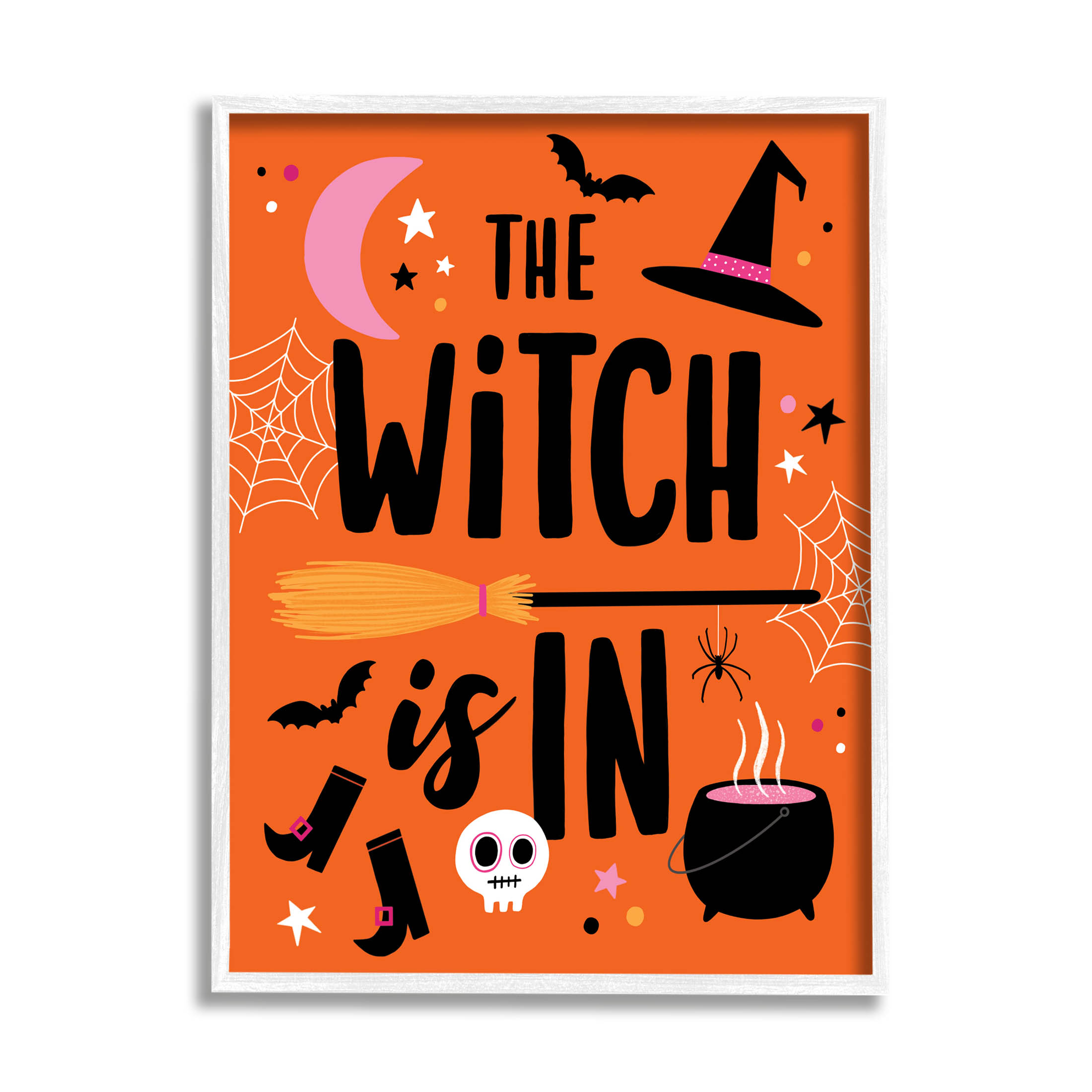 Witch Is In Bold Cauldron Phrase Holiday Graphic Art White Framed Art Print Wall Art