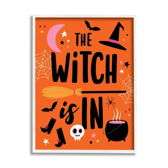 Witch Is In Bold Cauldron Phrase Holiday Graphic Art White Framed Art Print Wall Art
