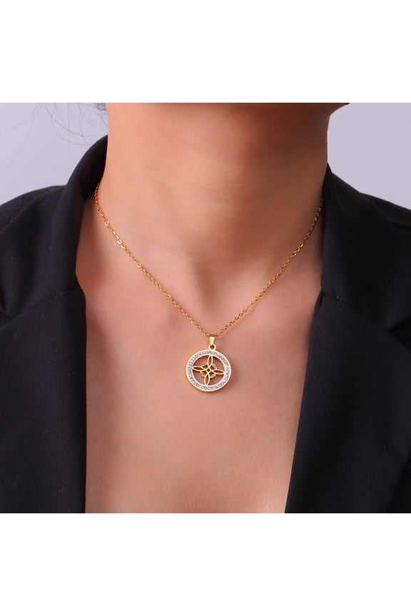 Witch Knot Necklace 14K Yellow Gold Clear Zirconia Round Pendant Necklaces Amulet Wiccan Jewelry Birthday Gift