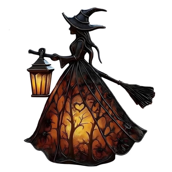Witch Lamp 1 Set, 7.5 Inch Resin Stained Glass Style LED Night Light, Spooky Gothic Tabletop Decor for Halloween Party