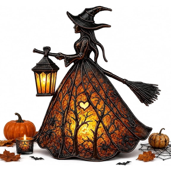 Witch Lamp, Stained Glass LED Night Light, Warm Amber Glow, Spooky Gothic Halloween Decor for Porch Mantel Tabletop