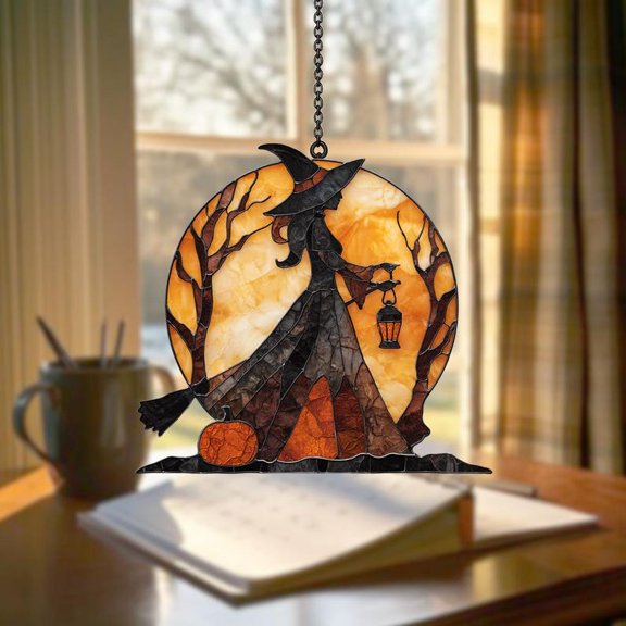Witch Lantern Acrylic Suncatcher for Halloween Decoration | Spooky Witch Suncatcher Ornament | Gothic Witch Window Ornament, Fall Home Decor