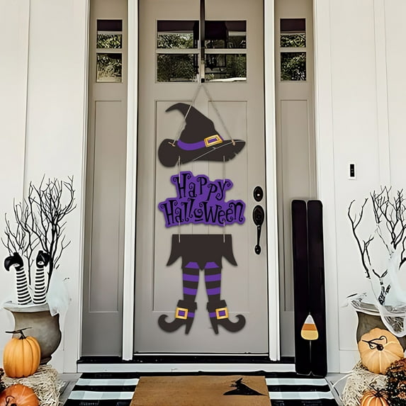 Witch Legs Door Decor - Halloween Hanging Sign Playful Witch Hat Cutout Party Wall Decoration Spooky Porch Accent Festive Gift(Purple)