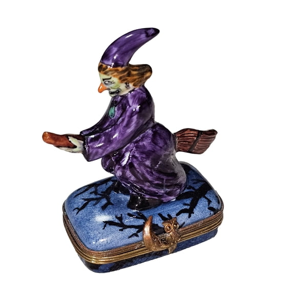 Green Purple Witch on Broom Limoges Box for Halloween Limoges Box Porcelain Figurine