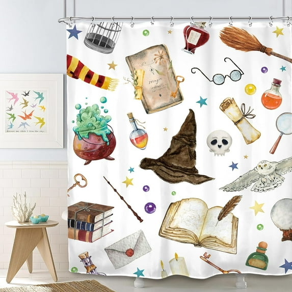 Witch Magical Kids Shower Curtain 72Wx72L Inch Funny Magic Book Hat Wizard Mysterious for Boys Girls Skull Owl Spooky 12 Pack Hooks Polyester Waterproof Fabric Bathroom Bathtub Panels