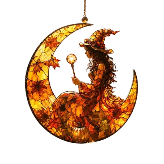 Witch Maple Leaf Moon Acrylic Hanging Ornament for Gothic Halloween Mystical Autumn Fall Home Wall Window Charm