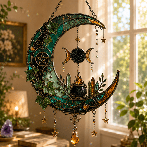 Witch Moon Decor Acrylic Suncatcher, Crescent Moon Hanging Window Gift