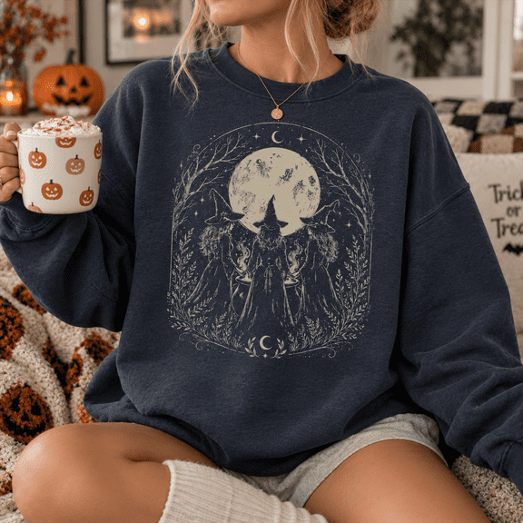 Witch Moon Floral Halloween Graphic Crewneck Sweatshirt, Unisex Fit