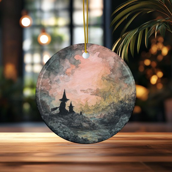 Witch Ornament Mother Daughter Witch Halloween Decor Ornament Witch Decor Witch Gift Gothic 2D FLAT Ceramic Ornament