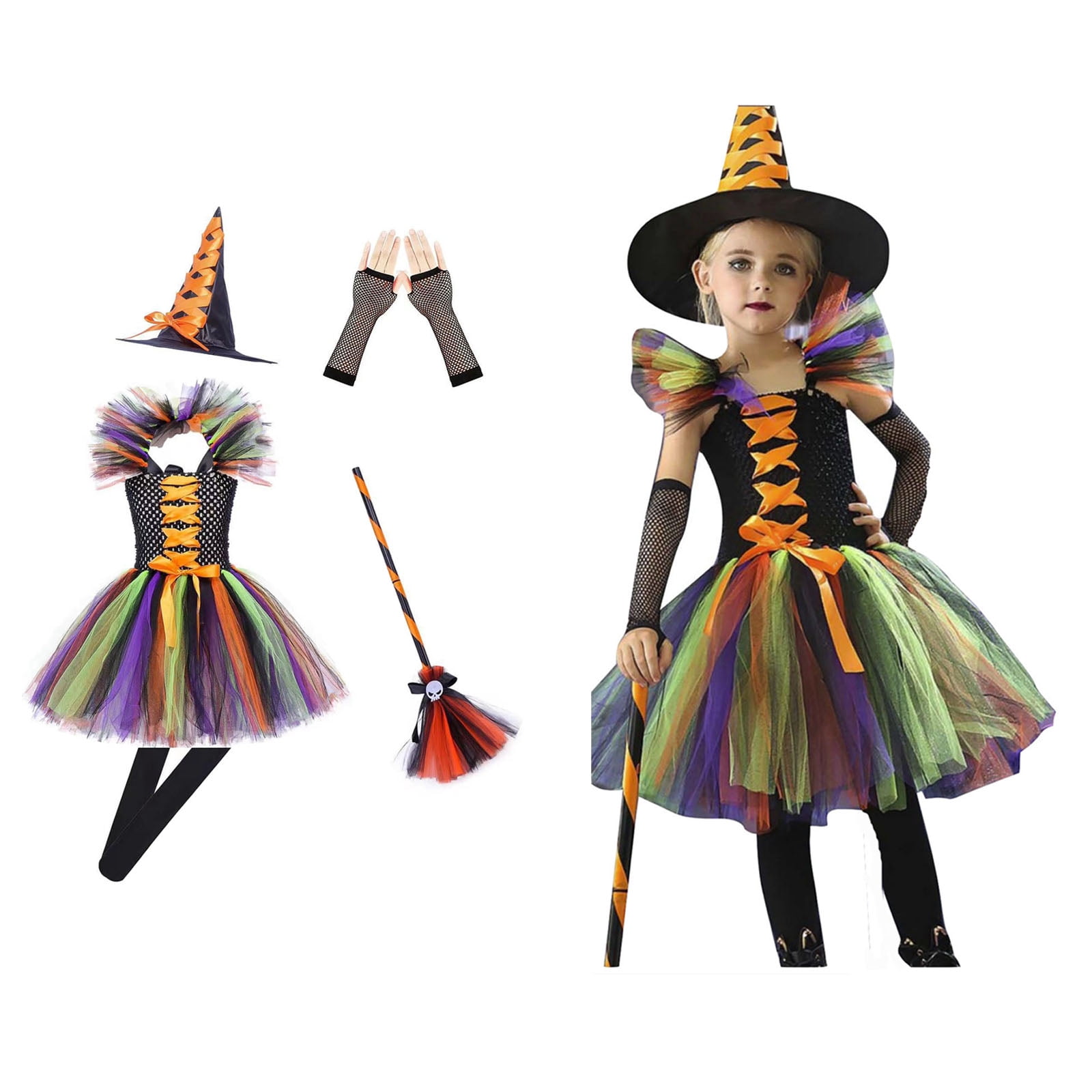 Girls Witch Costume Dress With Hat - Halloween Tutu Tulle Fancy Dress For Cosplay & Parties