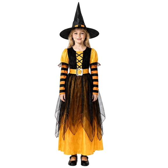 Witch Outfits, Witch Costume, Witch Roleplay, Halloween Witch Costume Gown, Black Orange Striped Witch Dress With Pointed Witch Hat and Long Sleeves for Halloween Cosplay Party, Saffron S