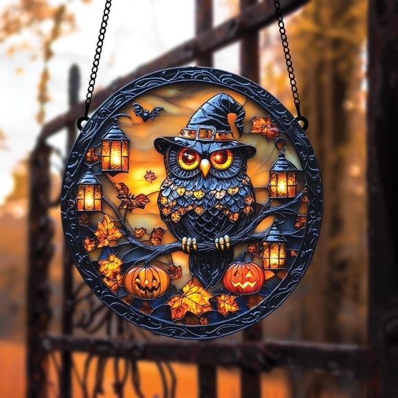 Witch Owl ACRYLIC Suncatcher with Jack-O-Lanterns and Lantern Lights Round Faux Glass Hanging for Halloween Window and Spooky Autumn Decor