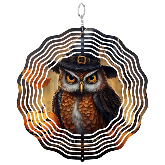 Witch Owl Wind Spinner Metal Outdoor Decor Halloween Fall Autumn Orange Brown Black