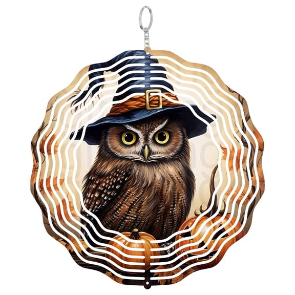 Witch Owl Wind Spinner Metal Outdoor Decor Halloween Theme Warm Autumn Colors